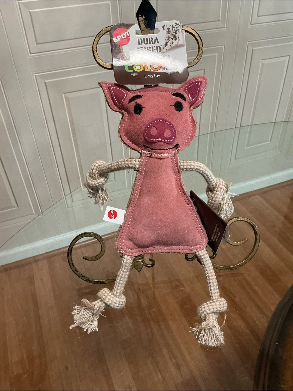 SPOT Dura-Fused Leather Jungle Animals Pig - Dog Toy with Squeakers and Rope 12”